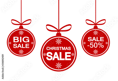 Set of red christmas ball with snowflake and big winter sale lettering on white hand drawn for design salery banner or poster, stock vector illustration