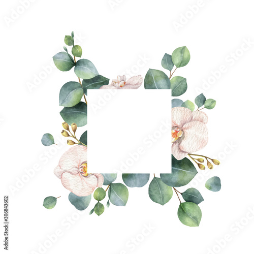 Watercolor vector frame with eucalyptus branches and Orchid flowers .