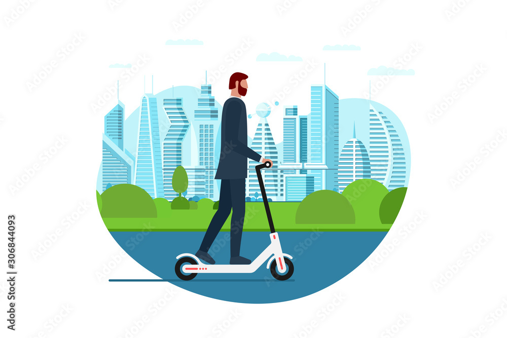 Businessman riding electric kick scooter. Activity lifestyle moving concept  on big city street. Vector illustration innovative active mobility hipster  modern millennial manager on cityscape vector de Stock | Adobe Stock