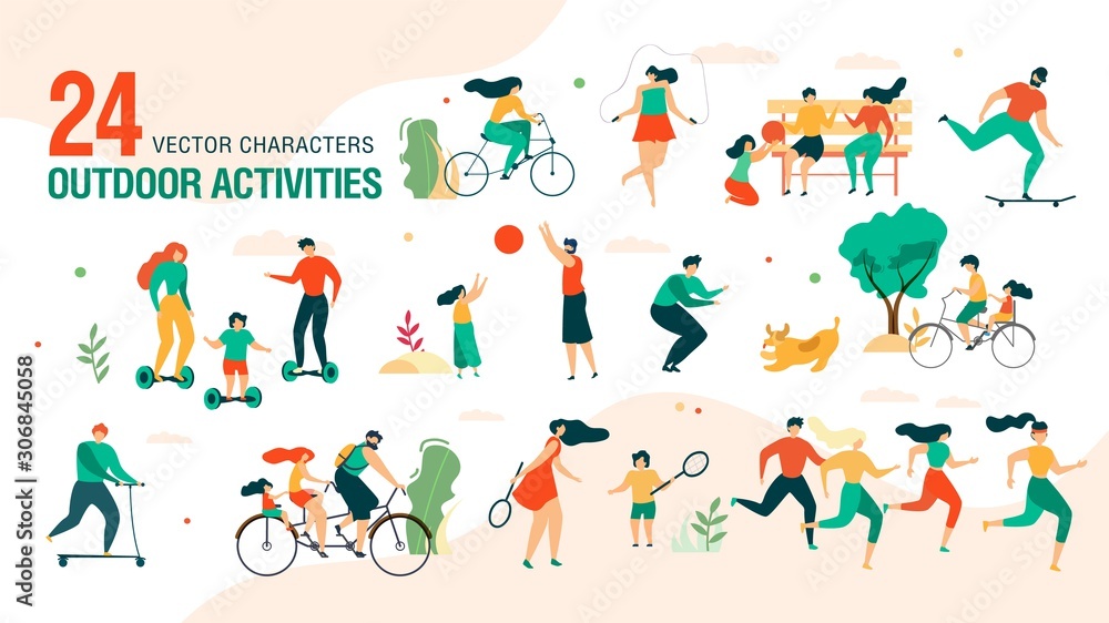 Family Outdoor Activities, Summer Leisure Entertainment Trendy Vector Set Isolated on White Background. Parents with Children Playing in Park, Riding Bicycle, Playing in Park Characters Illustration