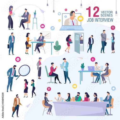 Job Interview in Office Trendy Flat Vector Scenes Set. Female, Male Job Applicants, Work Candidates Waiting for Interview, Talking with HR Manager, Presenting Himself for Company CEO Illustration