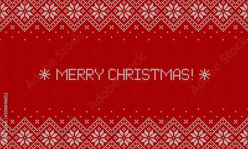 Merry Christmas greeting card. Knitted sweater background. Vector banner.