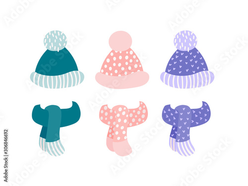 Winter knitted hat with pompon and scarf set