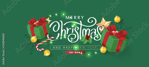 Christmas Decorative Border made of Festive Elements Background .Merry Christmas vector text Calligraphic Lettering Vector illustration.