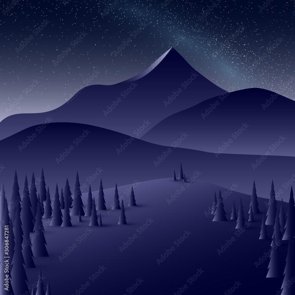 Naklejka premium Milky way in a night starry sky above the mountain valley. Vector illustration.