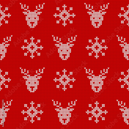 Knitted pattern with deers and snowflakes. Christmas background. Vector.
