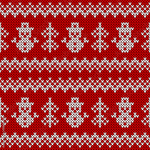 Knitted pattern with snowmen and Christmas trees. Vector background.