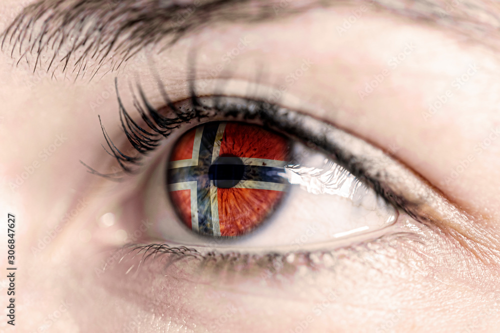 Obraz premium Flag of norway reflects in woman green eye - close-up view - election, sport, hope, young, generation 