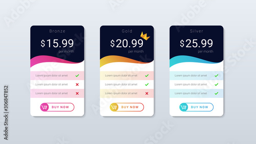 Pricing table list with gradient color wave, plan list options, internet sale banner design, menu service template.