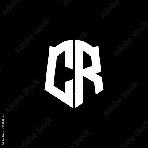CR monogram letter logo ribbon with shield style isolated on black background
