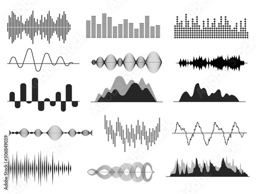 Sound waves. Music wave, audio frequency waveform. Radio voice and soundtrack symbol. Soundwave abstract signals isolated vector set. Illustration sound voice, digital frequency radio, soundwave music