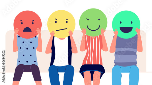 Customer feedback. People holding emoticons with different emotion. Clients review, social media comment marketing vector concept. Illustration feedback customer and review, social positive rating