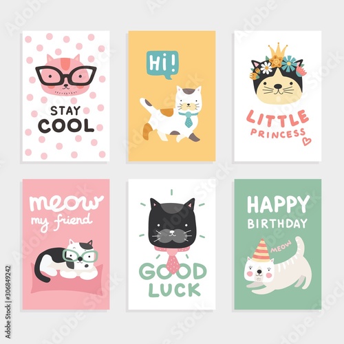 Cats cards. Cute kittens, cool and smart funny pets. Little princess vector birthday invitation. Birthday greeting kitten pet, cartoon illustration card