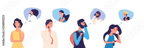 People talking phone. Men, women, teenagers calling by telephone. Flat communication and conversation with smartphone vector characters. Phone conversation and communication illustration