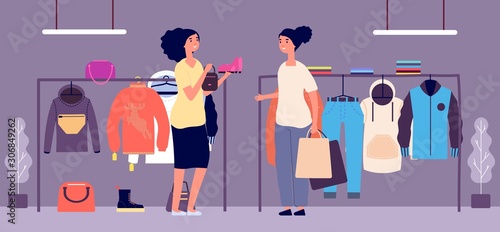 Personal shopper. Shop assistant, fashion stylist vector illustration. Flat women characters. Fashion store and female buyers with shopping bags. Shopper personal, clothing and shoes