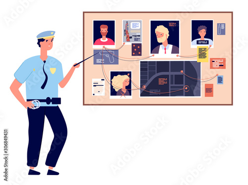 Detective board. Crime investigation plan with murder photos, newspapers and notes, cop investigator at scheme map, vector concept. Detective police investigation, board photo plan illustration