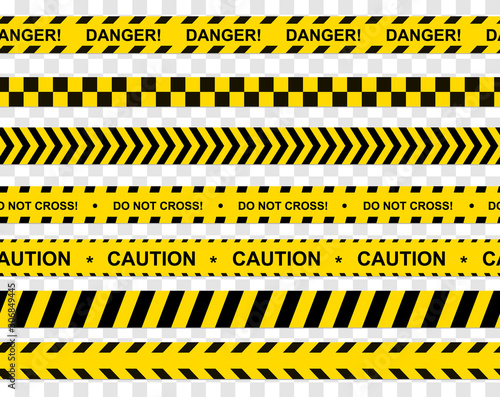 Black and yellow stripes. Barricade tape, Do not cross, police, crime danger line, bright yellow official crime scene barrier tape. Vector flat style cartoon illustration isolated  © paintermaster