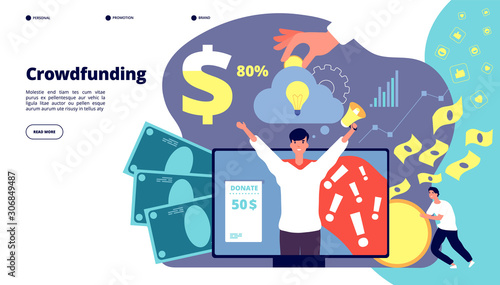 Crowdfunding. Startup financial investment internet service. Development, cash income management strategy, partnership vector landing page. Illustration investment crowdfunding, money finance invest