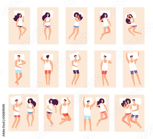 Sleeping poses. Single couple sleep. Men women sleeping in bed with pillows. Different adults sleep position vector illustration. Woman and man dream pose comfortable