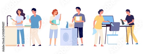 Couples clean the house. Man woman cleaners housework sweep household equipment vector cartoon characters. Woman and man clean house, routine washing illustration