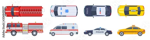 Vehicle set. Transport top view. Police car ambulance fire engine taxi vector flat isolated. Urban special transport icons. Illustration automobile top, taxi and police, auto and ambulance