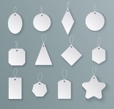Tags labels. White paper empty price tag with string in different shapes. Mockups for christmas gifts isolated vector templates. Hang blank tag for sale price, gift shape label illustration