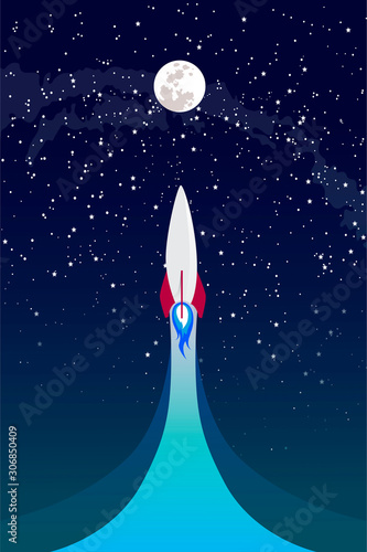 moon exploration, rocket flies up, Vector Concept. Spaceship flying