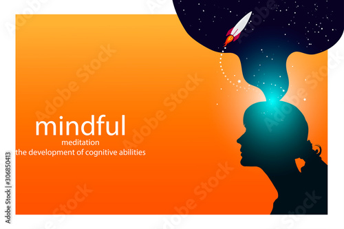 Profile of a young woman with mental activity brain and consciousness, with the cosmos as a brain.