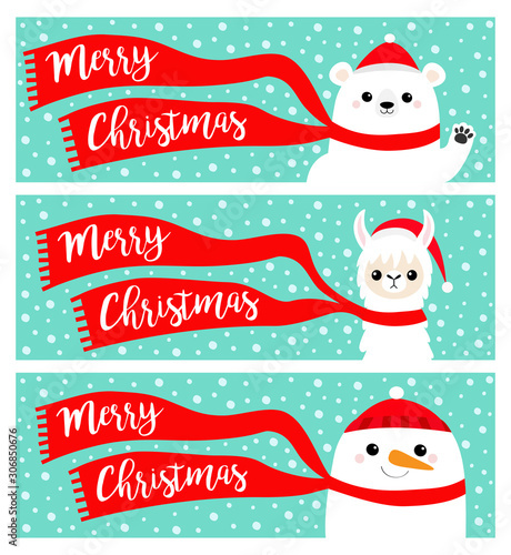 Merry Christmas banner set. Alpaca llama Bear Snowman. Santa Claus red hat, scarf. Cute cartoon funny kawaii character. Happy New Year. Greeting card print. Flat design. Blue snow flake background.