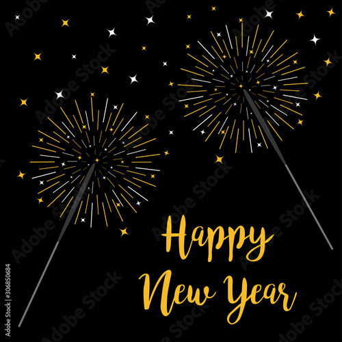 Happy New Year. Bengal light set. Christmas sparkler decoration firework. Fire stick. Shining lines and star sparcles. Round burning lights. Golden color. Flat design. Black background. Isolated.