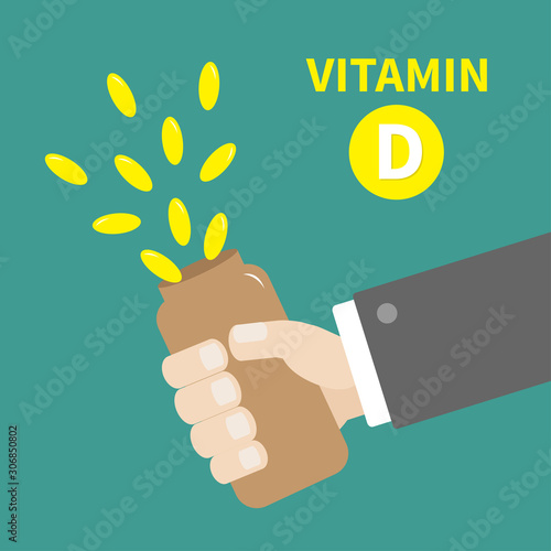 Businessman hand holding plastic bottle with Vitamin D pill capsule. Yellow color. Healthy lifestyle diet concept. Fish oil supplements icon. Flat design. Green background. Isolated.