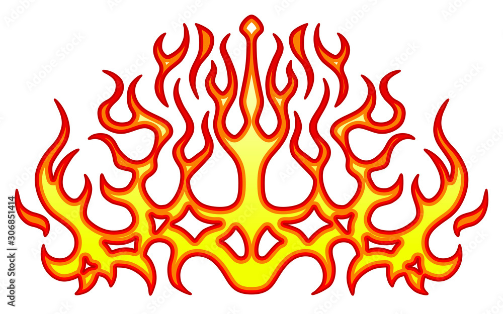 Vehicle flames. Car and bike color vinyl decals for hood, vector isolated. Hot fire decal artwork, illustration of pattern fire stencil Vehicle flames. Car and bike color vinyl decals for hood, vector isolated. Hot fire decal artwork, illustration of pattern fire stencil