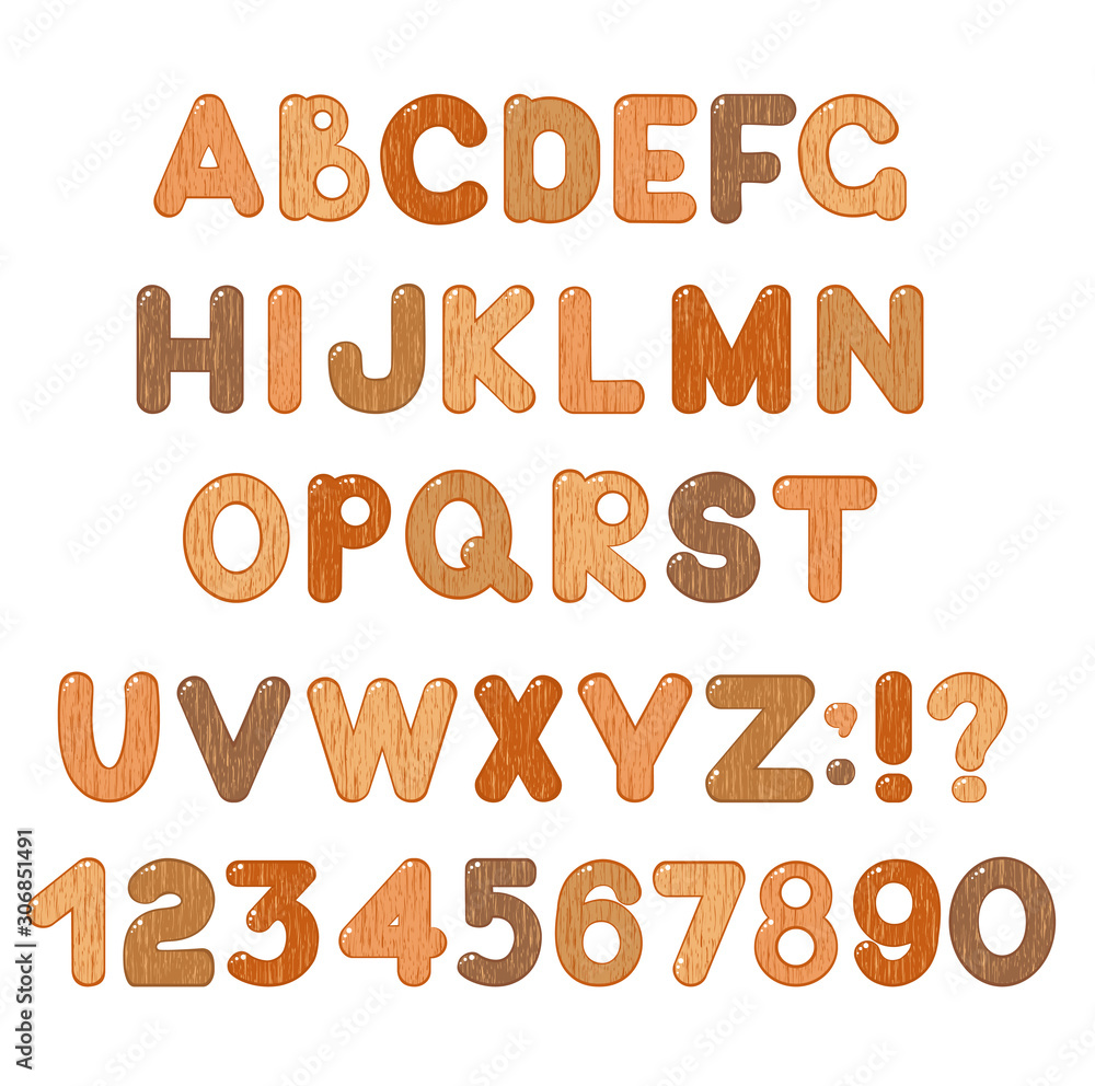 ABC set of latin letters, numbers and symbols with wooden texture