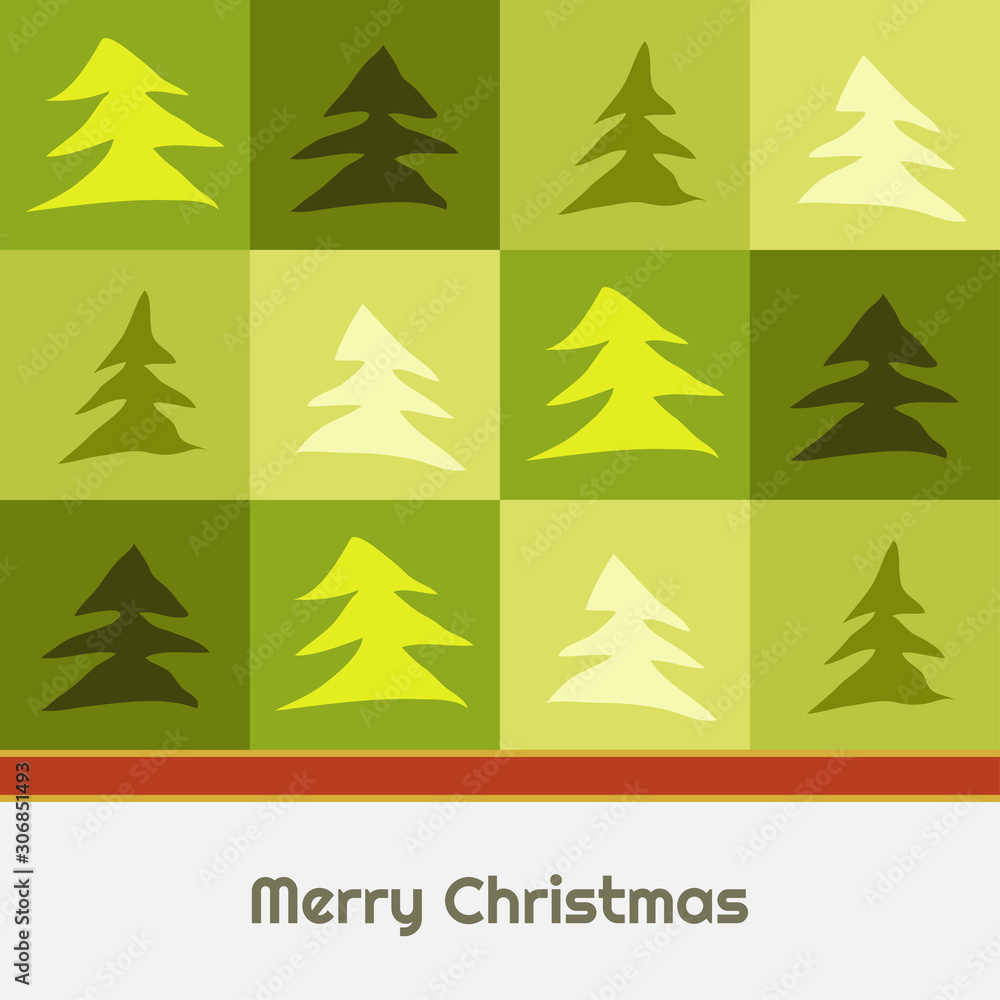 Obraz premium Merry Christmas Abstract Card With Green Squares And Trees