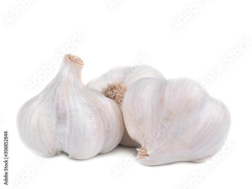 group of three fresh and raw garlic isolated on white background