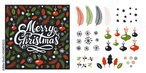 Set of Christmas elements. Greeting card template, merry Christmas lettering, fir branches, leaves, snowflakes, balls on white background. Flat style christmas elements. Vector illustration.