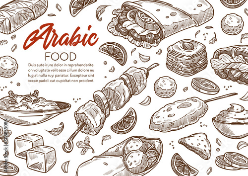 Middle East food, Arabic cuisine restaurant menu sketch banner