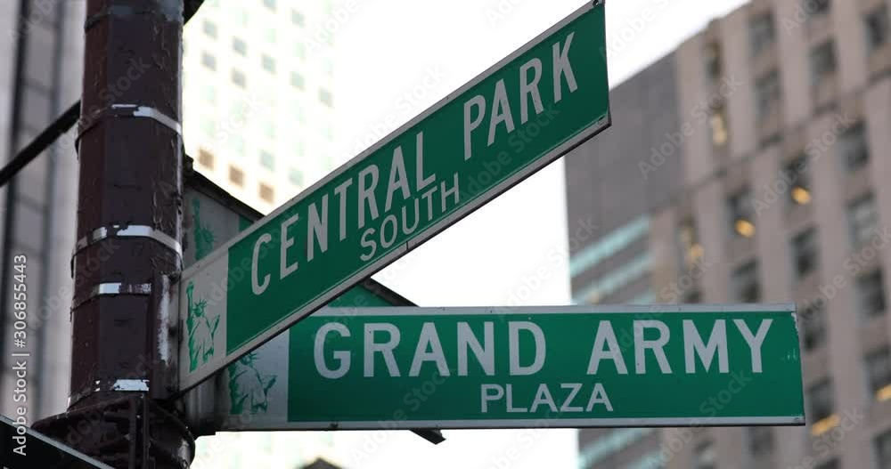 Close up of Central Park South and Grand Army Plaza street signs in Manhattan, New York Close up of Central Park South and Grand Army Plaza street signs in Manhattan, New York