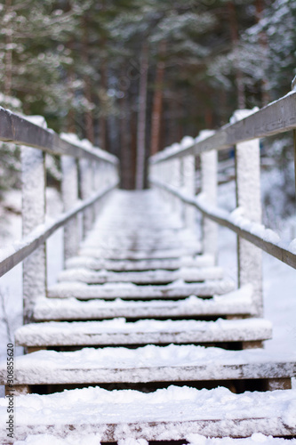 Snowy stairway made of wood, in forest. Located in Ogre, Latvia. Shallow depth of field © Macro Viewpoint