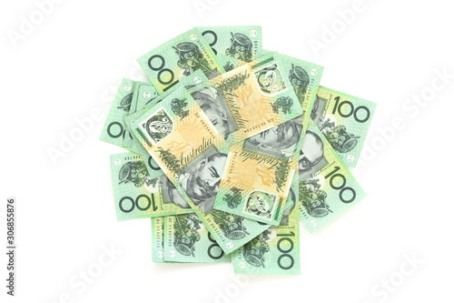 Group of 100 dollar Australian notes pile on white background