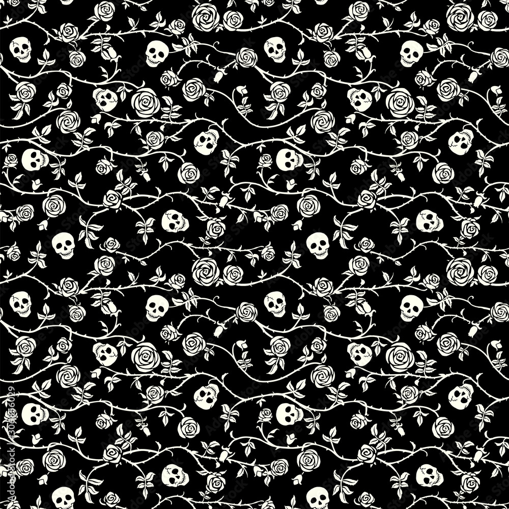 Skull floral seamless pattern. Climbing curly rose and thorn. Fabric black and white flower background, vector. Gothic, Day of Dead, halloween holiday. Dia de muertos texture. Cute funny death's head