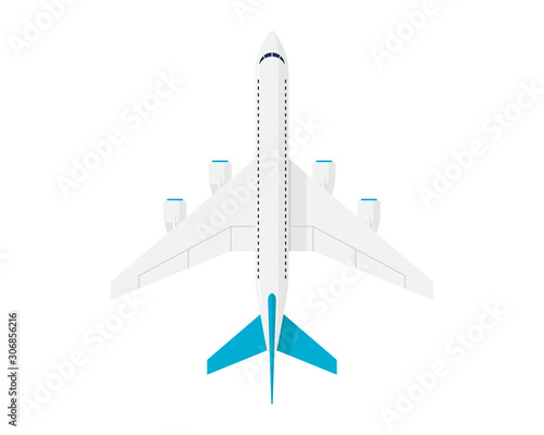 Large jet passenger airplane with four engines. Civil aviation plane top view. Flat vector illustration