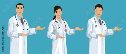Set of smiling young Asian doctors. Handsome man and cute woman wearing a lab coat stands and points sideways by hand palm. Isolated vector illustration