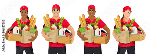 Set of young African American and European delivery wen and women. Smiling female and male couriers wearing red t-shirt and cap holding paper bag with products. Food delivery service concept. Vector 