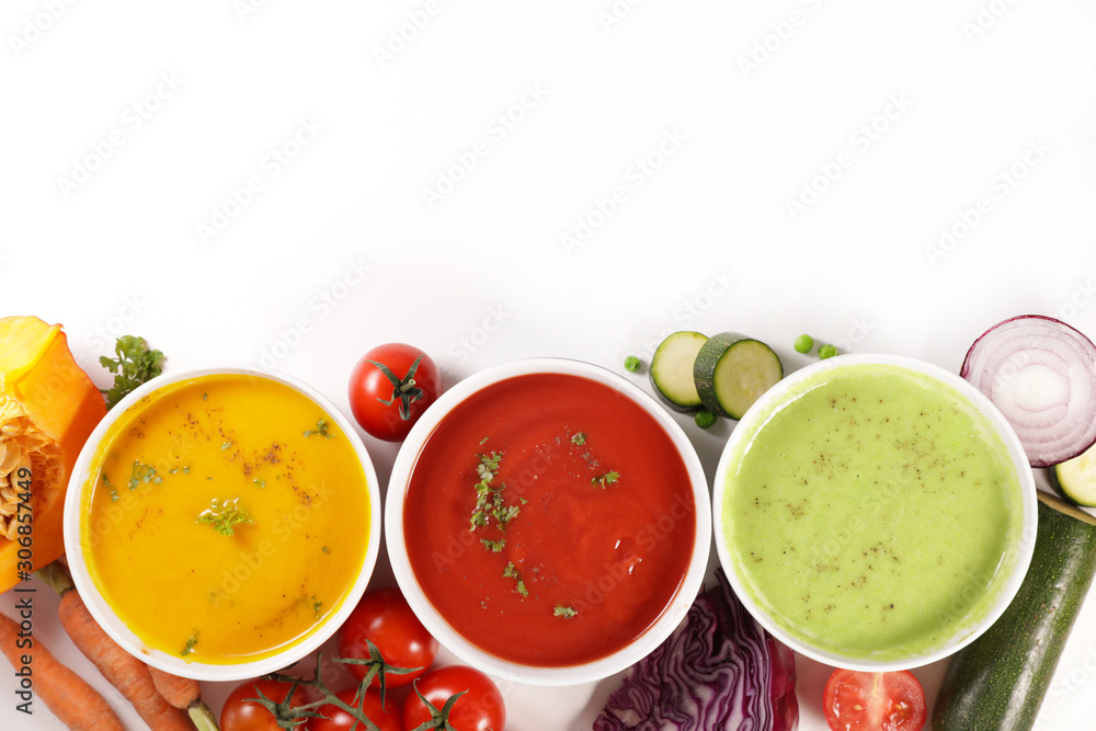 vegetable soup and ingredient isolated on white background vegetable soup and ingredient isolated on white background