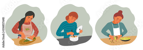 Set of the girls is cooking. Young womans with pan, knife and ladle. Vector flat illustration