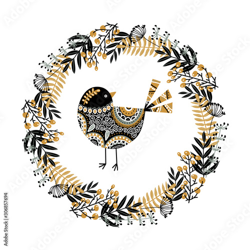 Cute vector bird and a wreath of their plants, flowers and berries. Monochrome black and white vector illustration in scandinavian style.