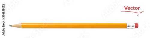 Realistic yellow pencil sharpened with a red rubber. Vector illustration.