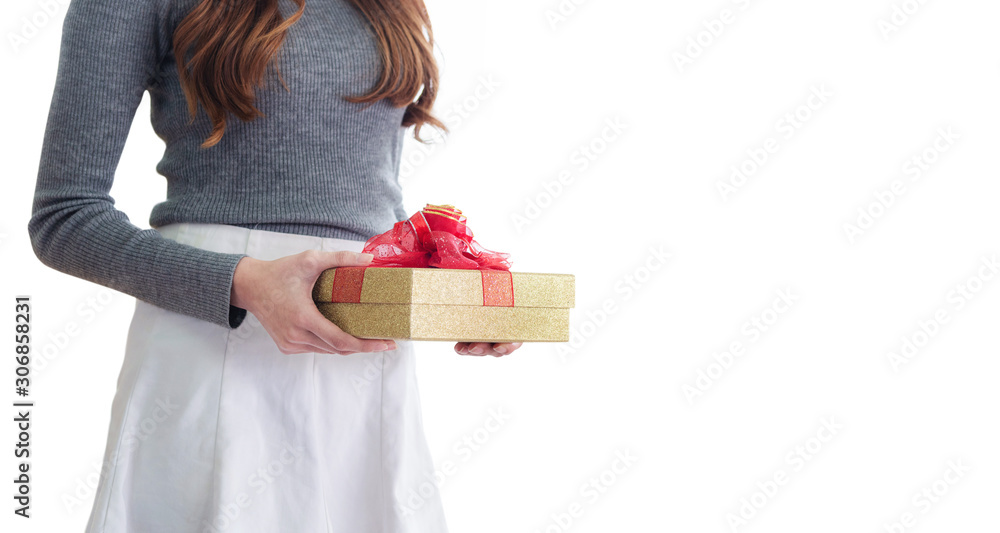 Woman holding gift box, isolated on white background Woman holding gift box, isolated on white background