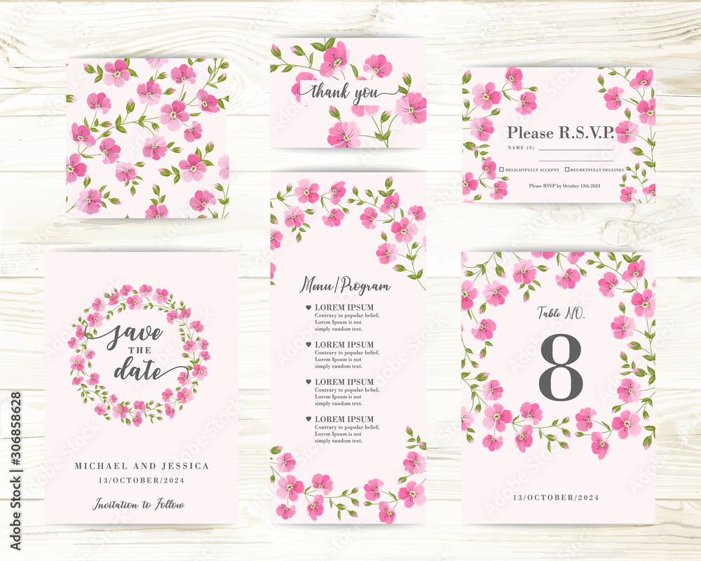 Bundle of Save The Date and RSVP Invitation Card. Greeting card with flax background. Set of Floral templates with garden blooming flowers.